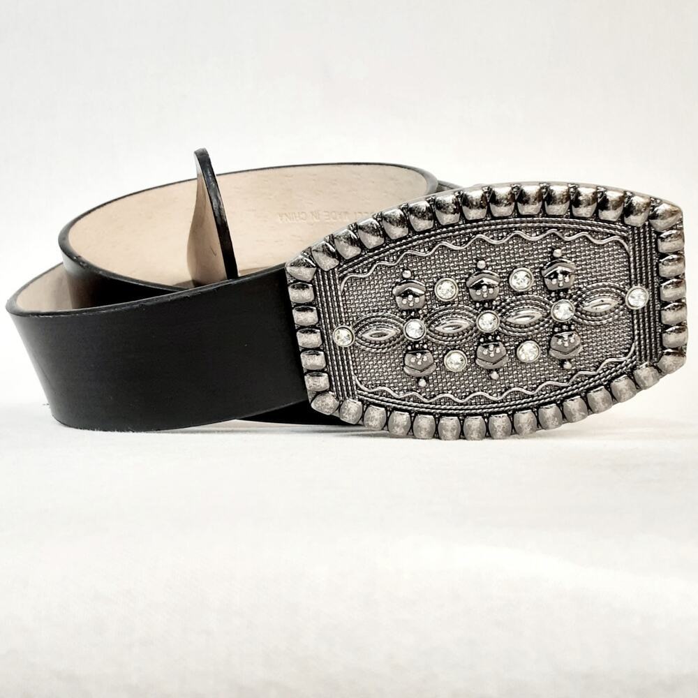 💎Womens Black Leather Belt Large Waist Jumbo Gray Ornate Oval Metal Buckle